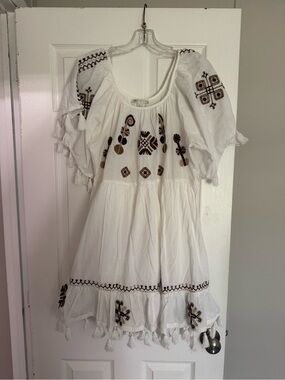 Cato White Dress with Brown Embroidered Accents